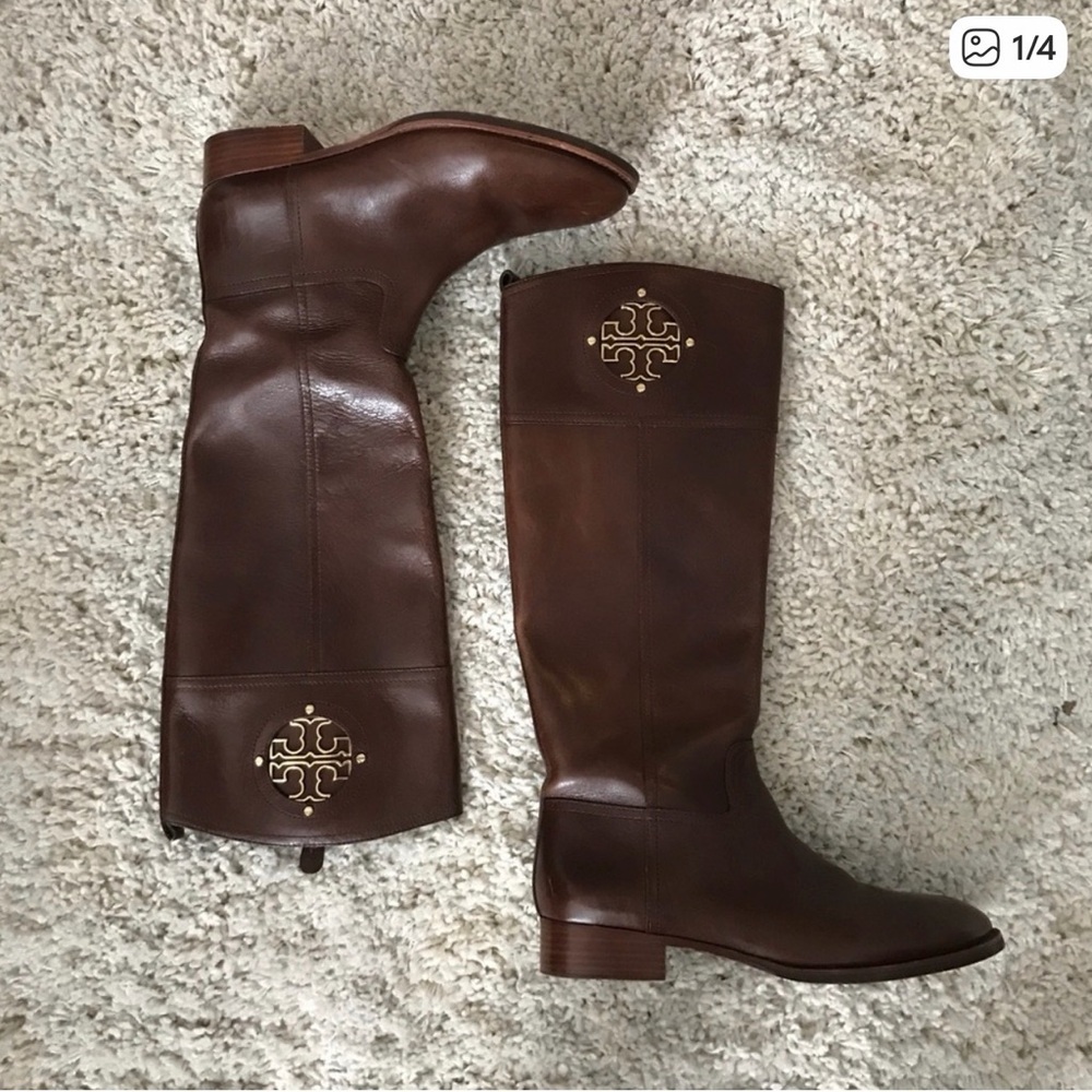 Tory Burch Brown Leather Tall Riding Boots with Gold Logo